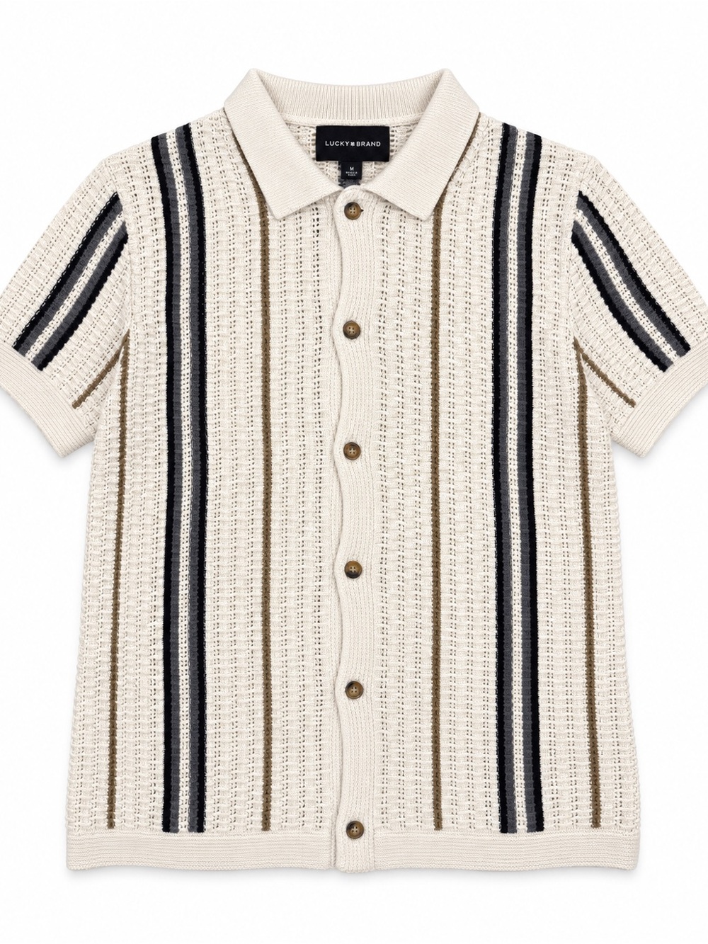 Lucky Brand Men’s M Cream Striped Open Knit Button Front Polo